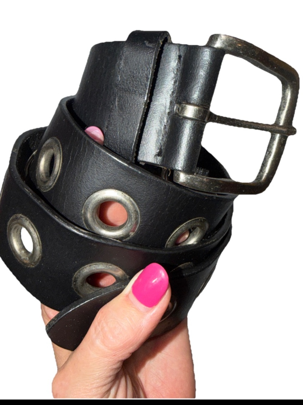 BLACK Leather SILVER GROMMET HOLE BELT BIKER EMO Medium Silver SQUARE Buckle 39”